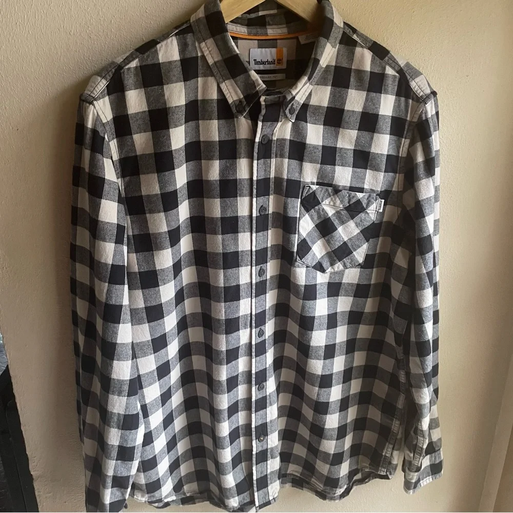 Timberland Flannel/ Chambray Buffalo Check Button-down Shirt. Cream/ Black XL